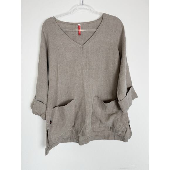 Babette Heavy Linen Shirt Top Rustic Lagenlook Utility Beige s - Picture 1 of 10
